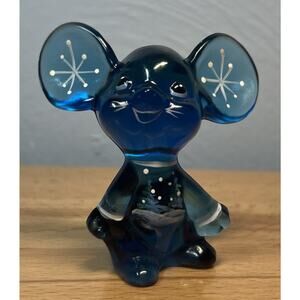 Fenton Art Blue Glass Mouse Hand-Painted Artist Signed Paperweight Figurine